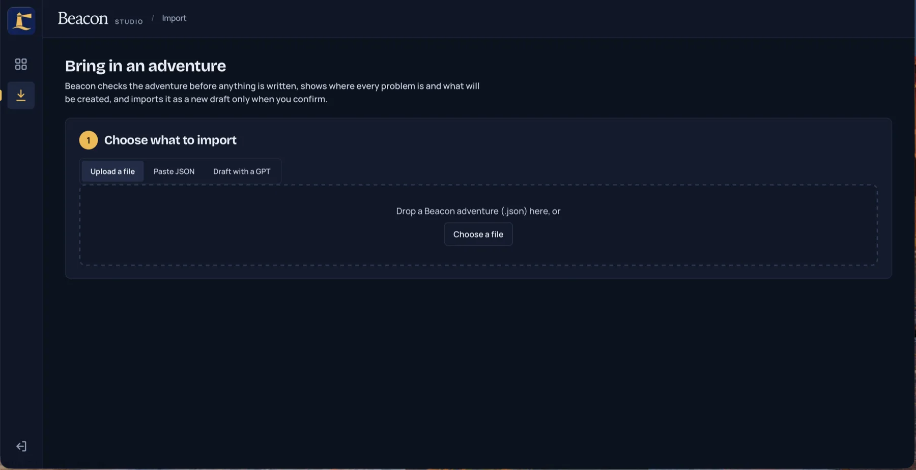 La pantalla de importación, donde una aventura se puede subir como archivo JSON, pegar o esbozar con un GPT.