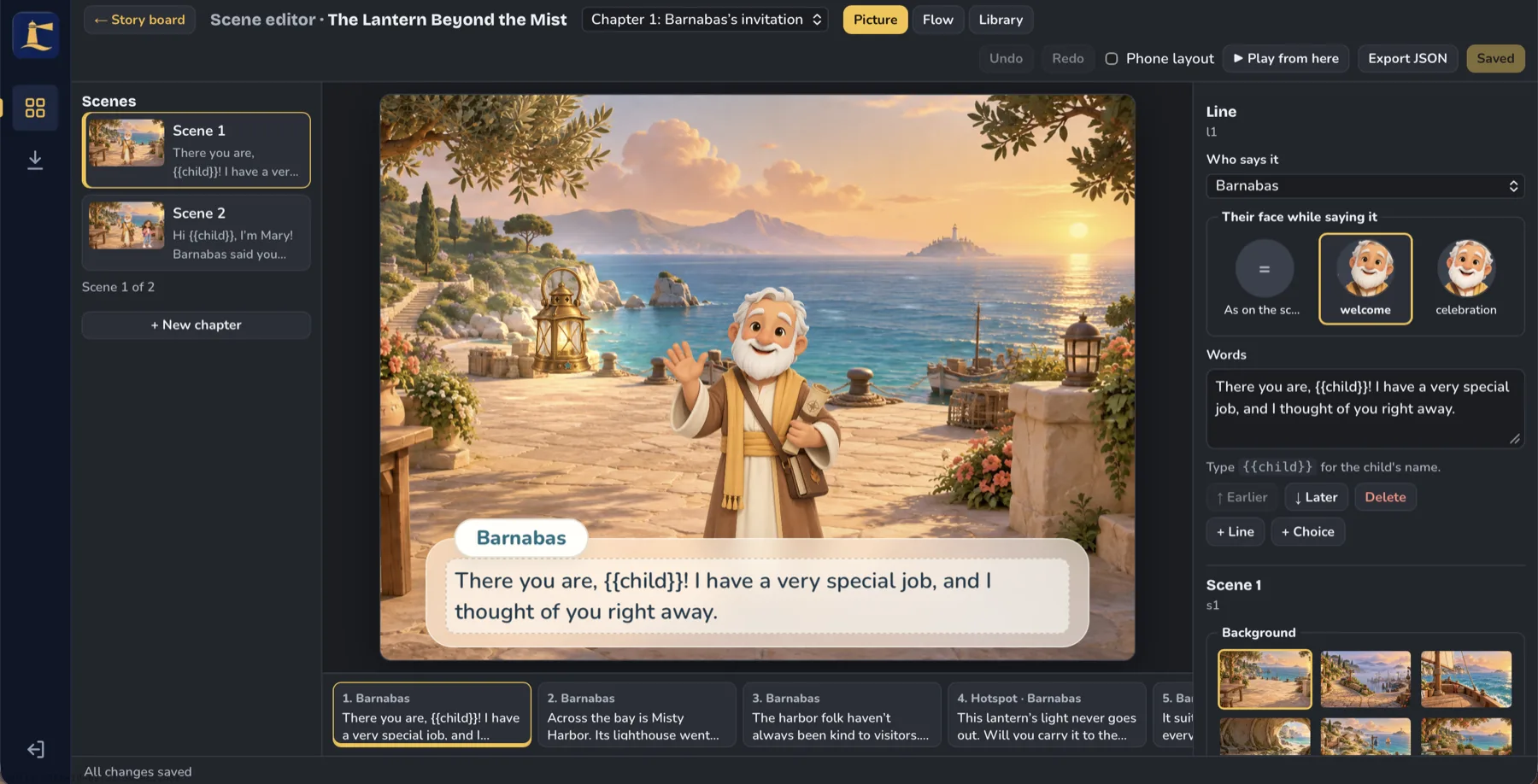 El editor de escenas de Beacon Studio con Bernabé en una terraza junto al mar, su línea de diálogo, una selección de gestos y una fila de fondos.
