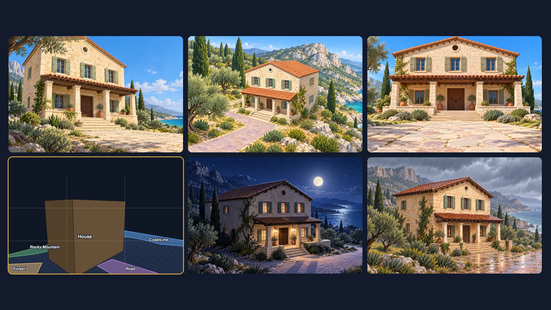 Five illustrations generated from the same set, with a camera view sketch: the stone house from a low angle on a sunny day, from above, and straight on from the paved yard; below them, the sketch of the low-angle shot, with the house as a plain block among the forest, road, rocky mountain, and coastline areas, then the house under a full moon at night and in the rain.