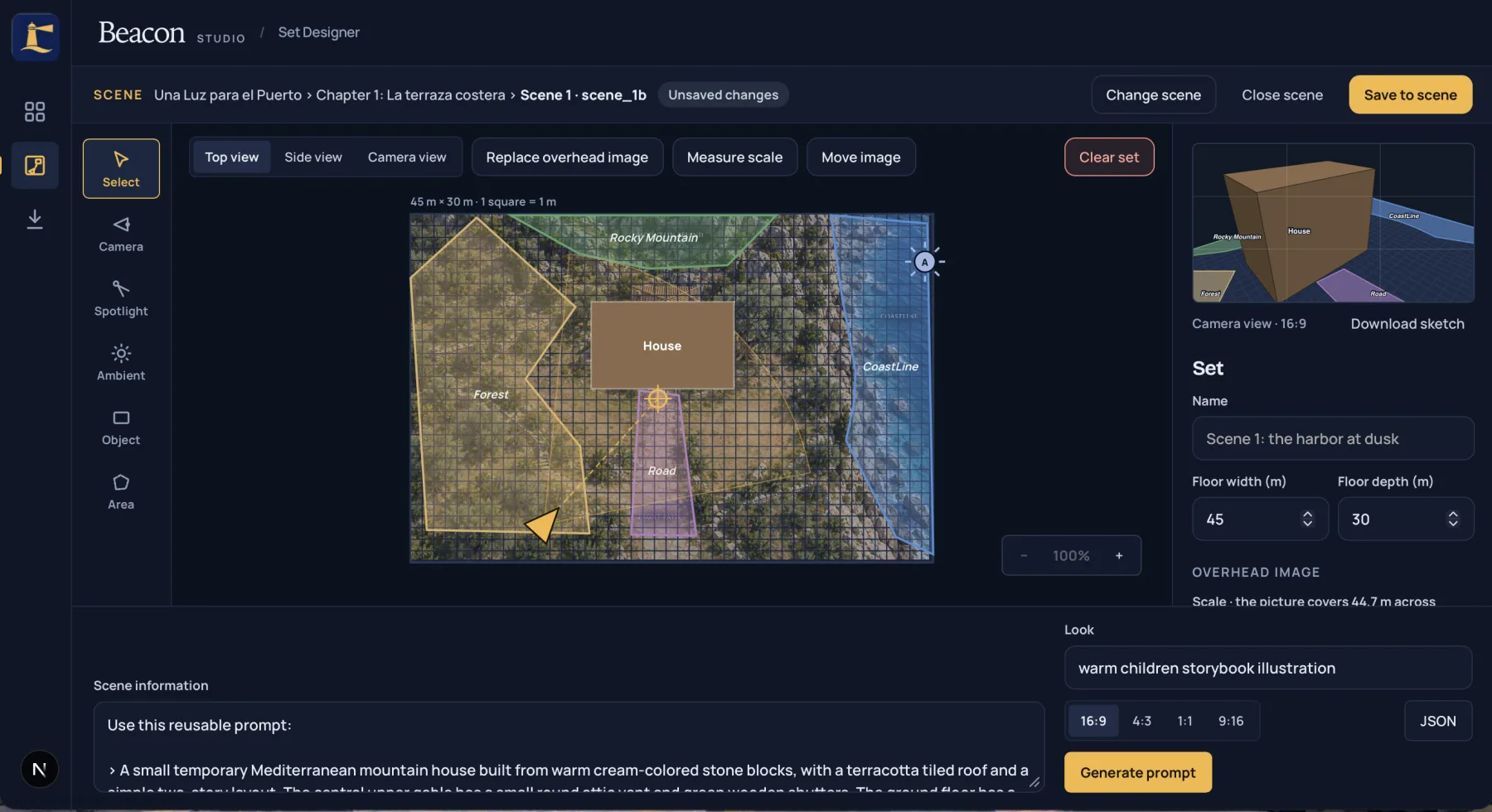 The Set Designer top view: a 45 by 30 metre grid over an overhead photo, with a house block, traced areas for a forest, a road, a rocky mountain, and the coastline, a camera, and a light.