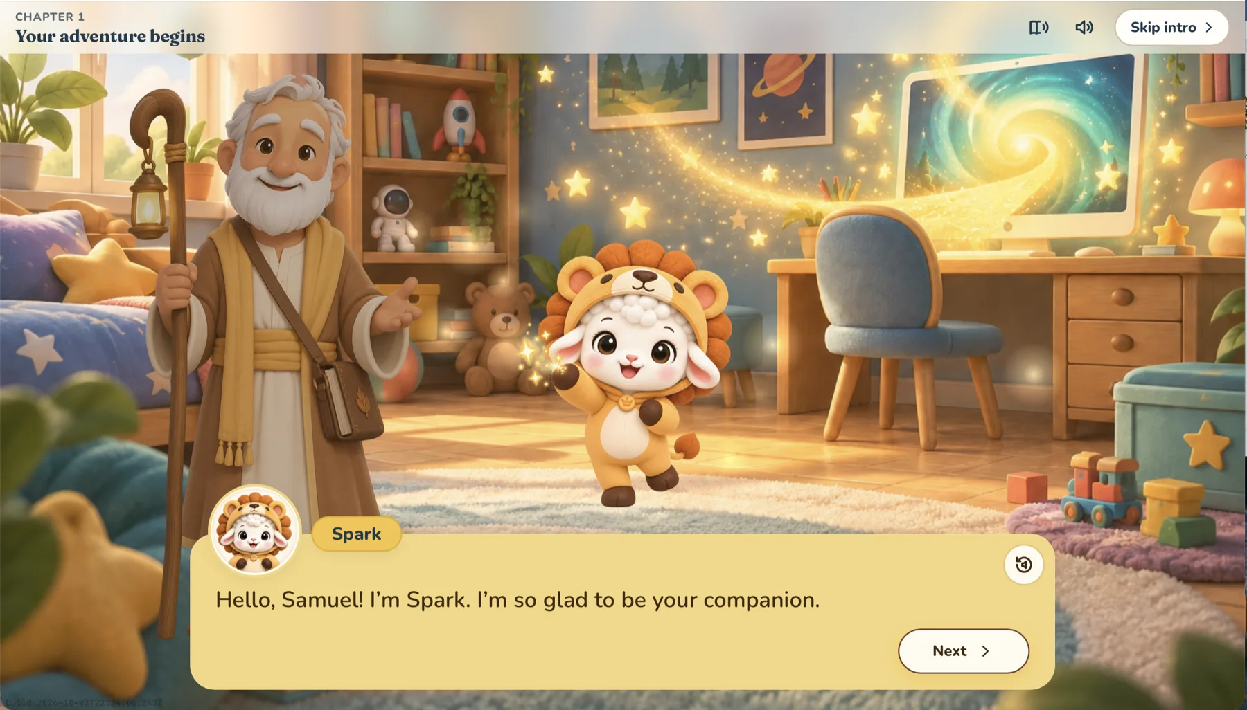 Versia Kids as a child sees it: Barnabas and Spark, a lamb in a lion costume, in a cosy bedroom, with Spark saying “Hello, Samuel! I’m Spark. I’m so glad to be your companion.”