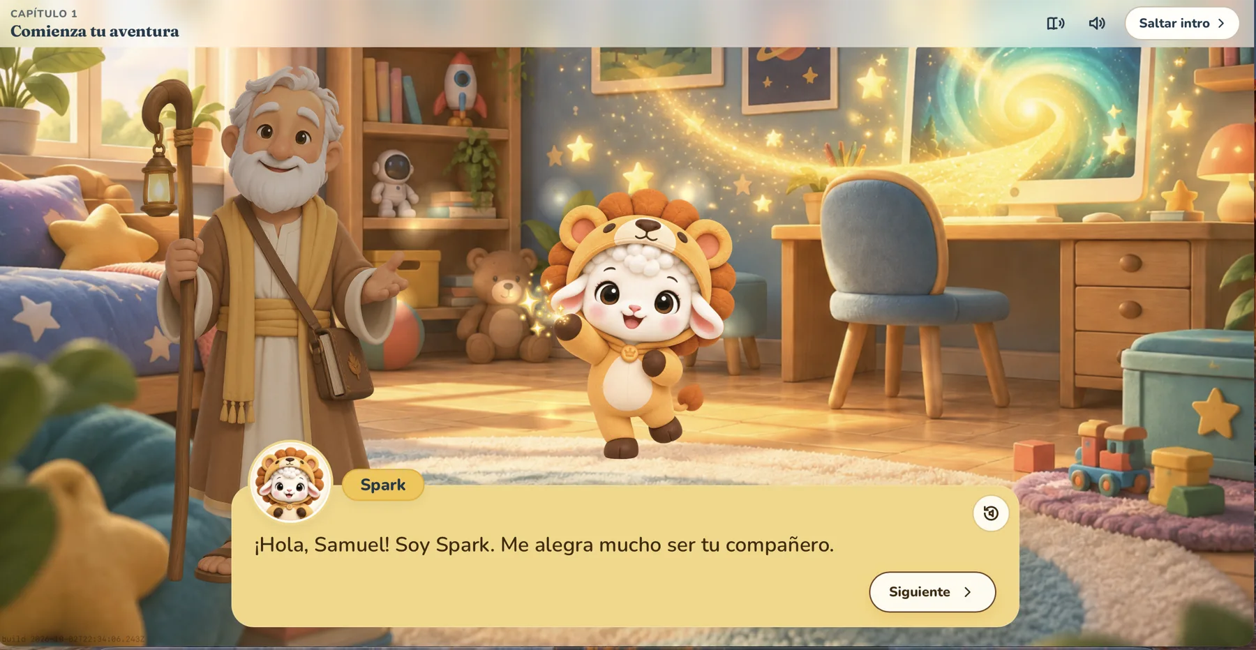 Versia Kids como lo ve un niño: Bernabé y Spark, un corderito disfrazado de león, en un dormitorio acogedor, con Spark diciendo «¡Hola, Samuel! Soy Spark. Me alegra mucho ser tu compañero.»