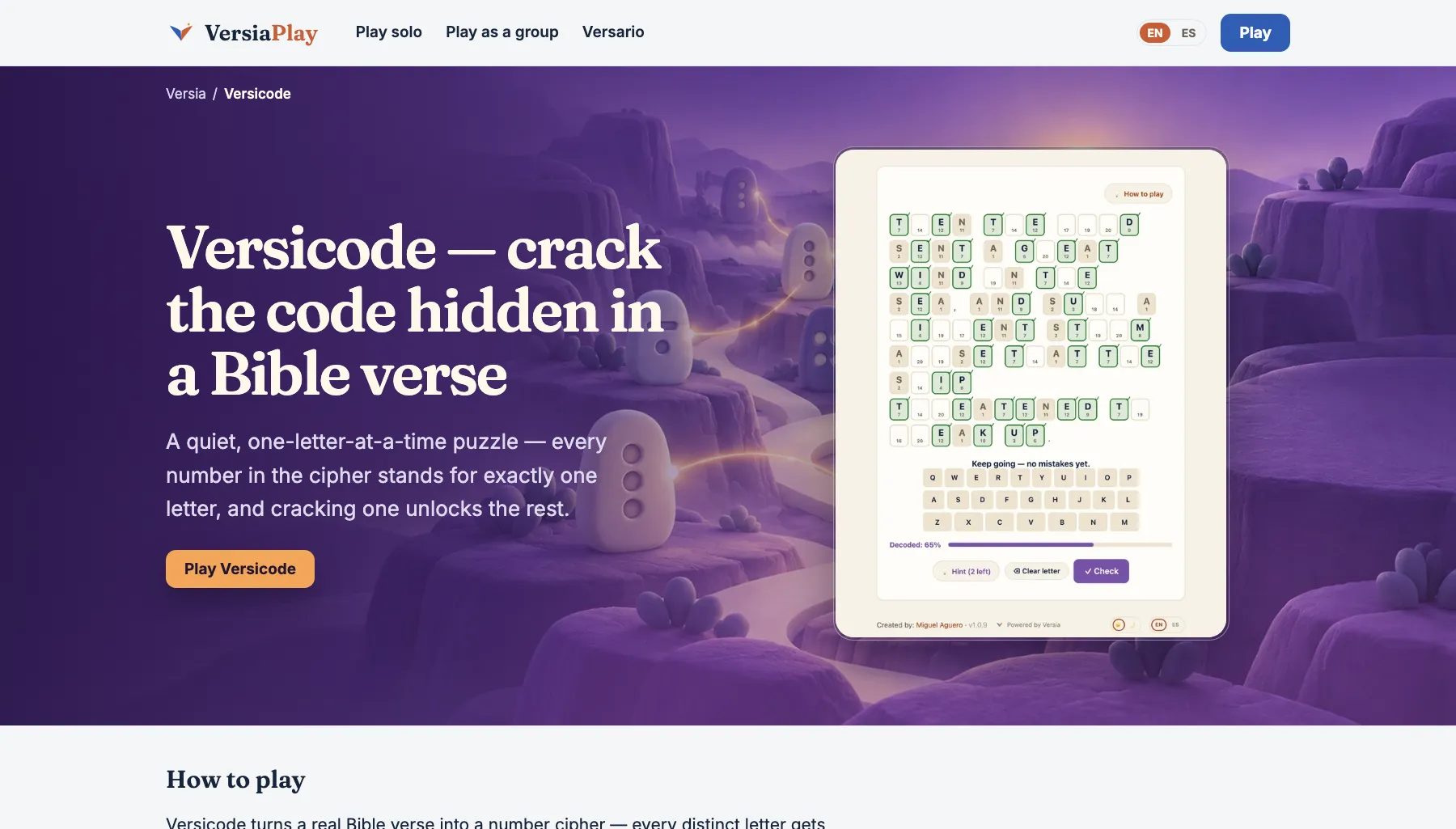 Versicode on Versia Play: “Crack the code hidden in a Bible verse,” beside a game with the cipher partly solved.